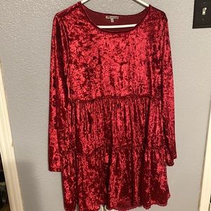 Velvet velour red tiered short dress. Long sleeved. Laced bottom.
